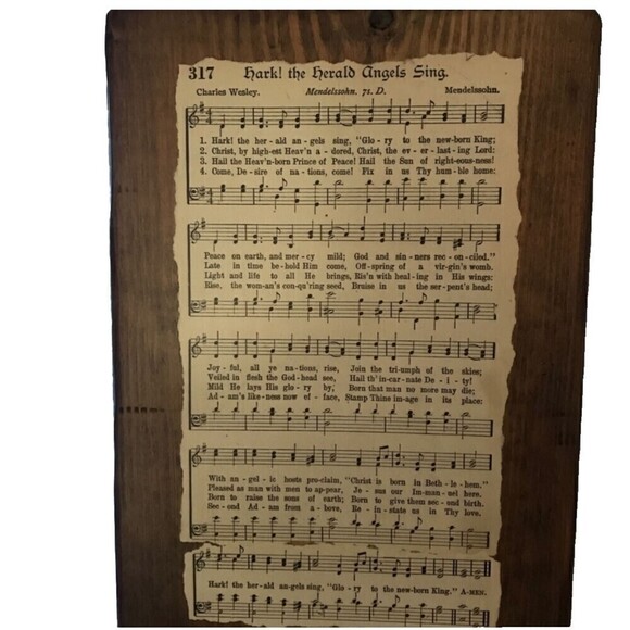 Handmade Christmas Wooden Plaque W/Vintage Hymn Of Hark the Herald Angels Sing - Picture 1 of 7